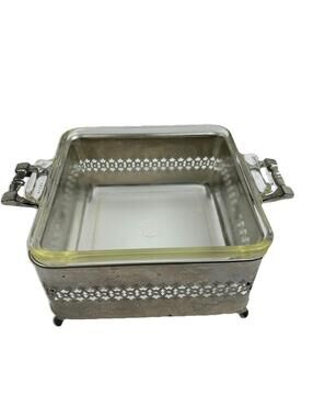 VTG Pyrex 053 Glass Square Casserole Dish with Silverplate Holder Stand (NO LID)